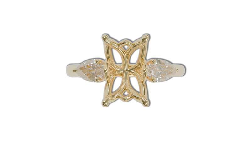 lotus setting trilogy sapphire engagement ring with pear cut diamonds in 18ct yellow gold