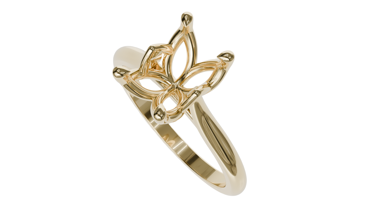 lotus setting engagement ring with pear in 18ct yellow gold.