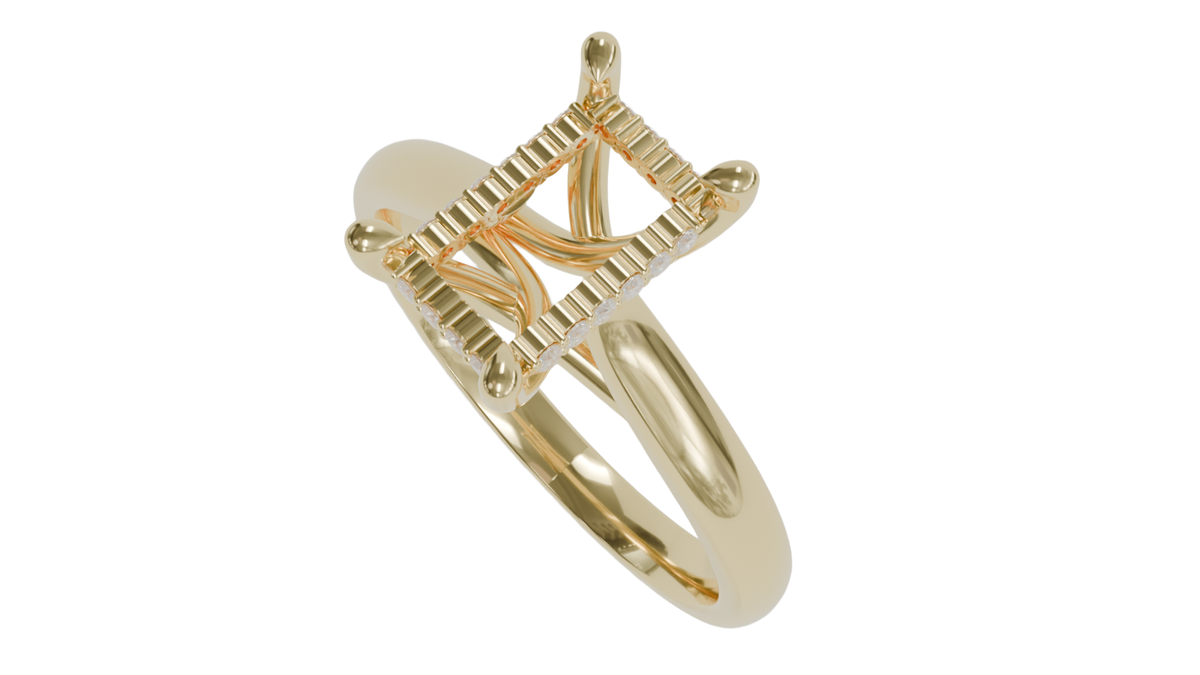 sapphire engagement ring with diamond pave hidden halo in 18ct yellow gold. Cathedral setting.