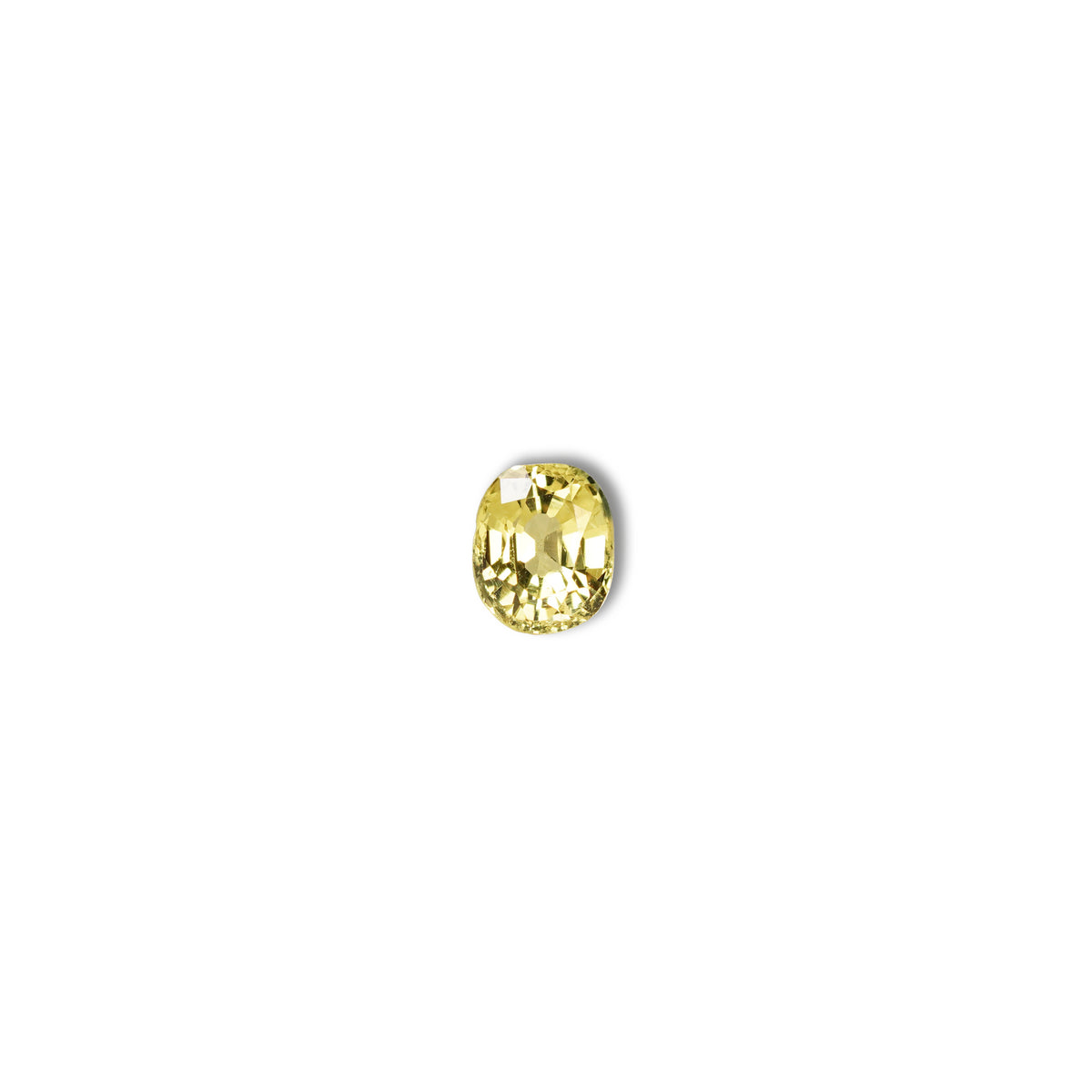 0.85ct Australian yellow-green sapphire cushion — soft pale chartreuse colour, face-up view — Ruhuna Gemstones