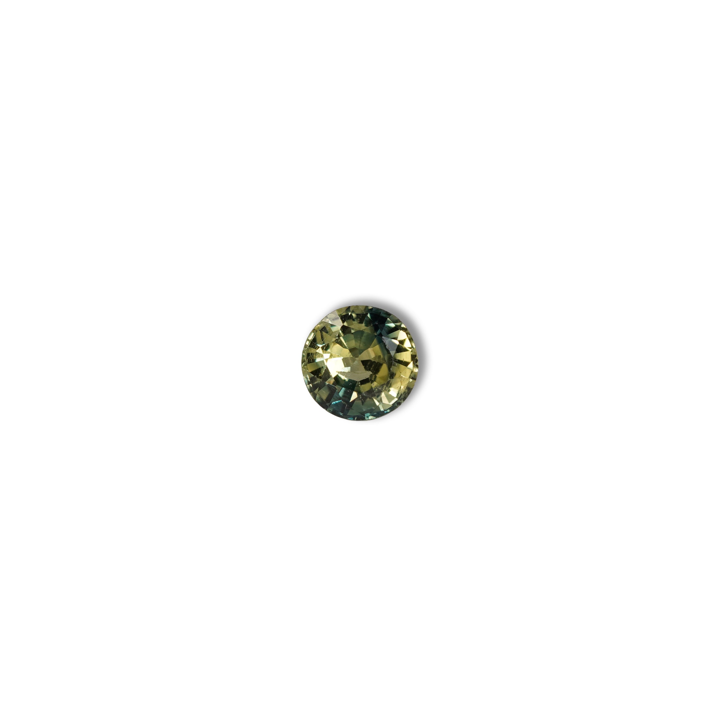 0.90ct Australian parti sapphire round — bright yellow-green body with teal crown accent, face-up — Ruhuna Gemstones