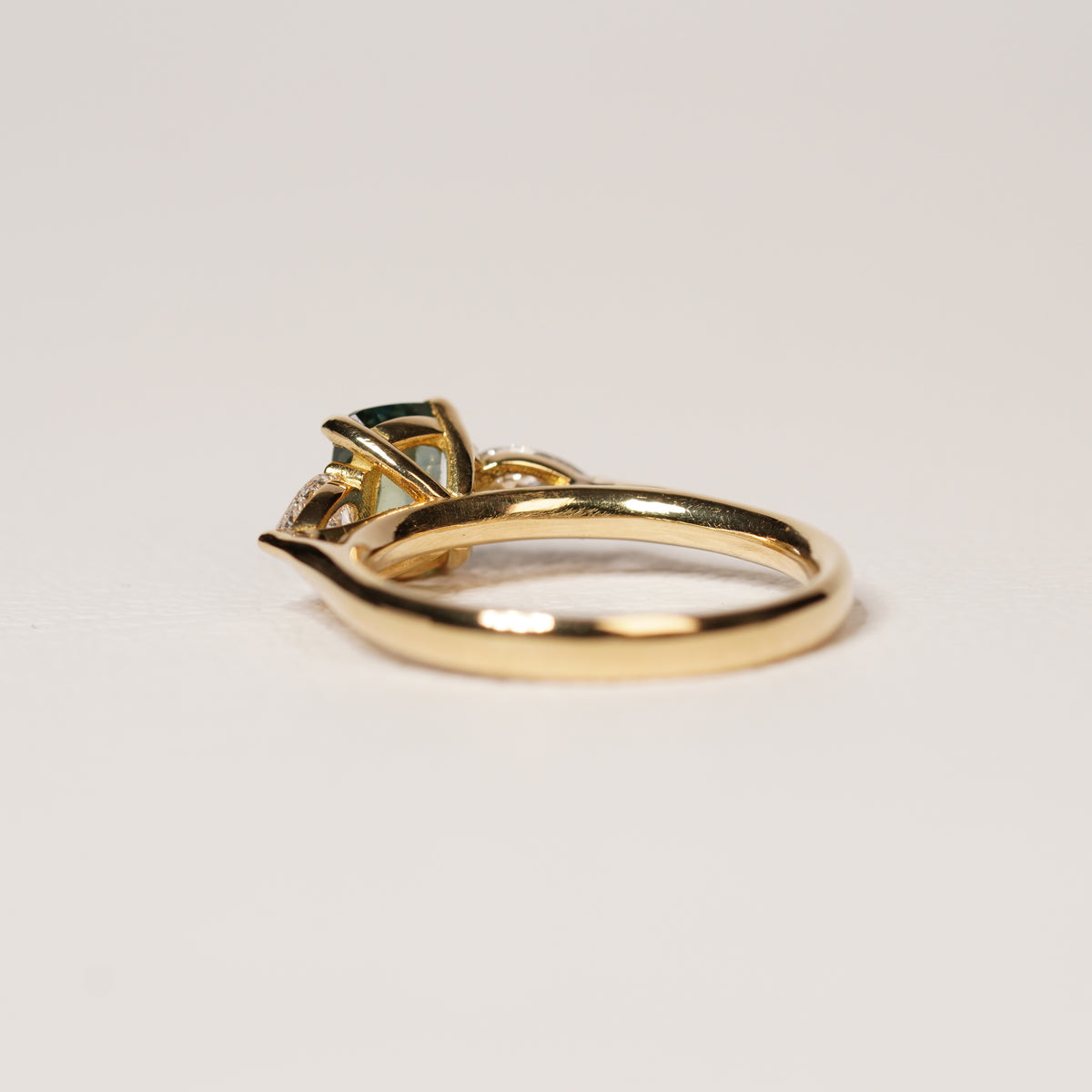 Madagascar 1.55CT Ella 1.55Ct Teal Sapphire Trilogy Ring engagement ring detail view — Ruhuna Gemstones