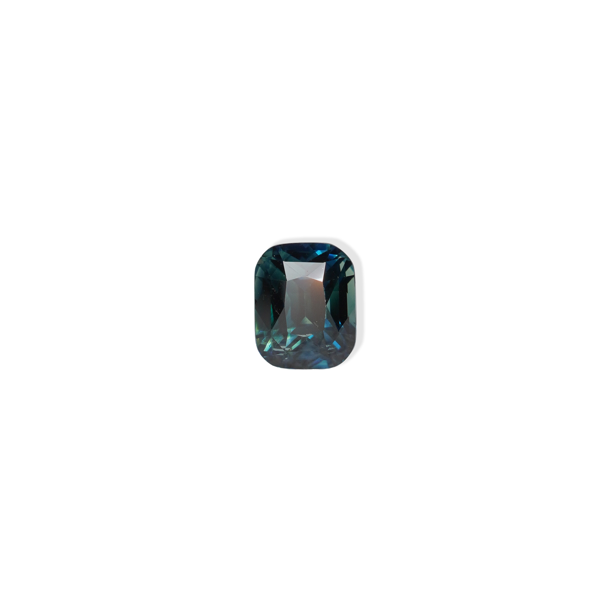 2.64 carat cushion cut teal parti sapphire with blue and green