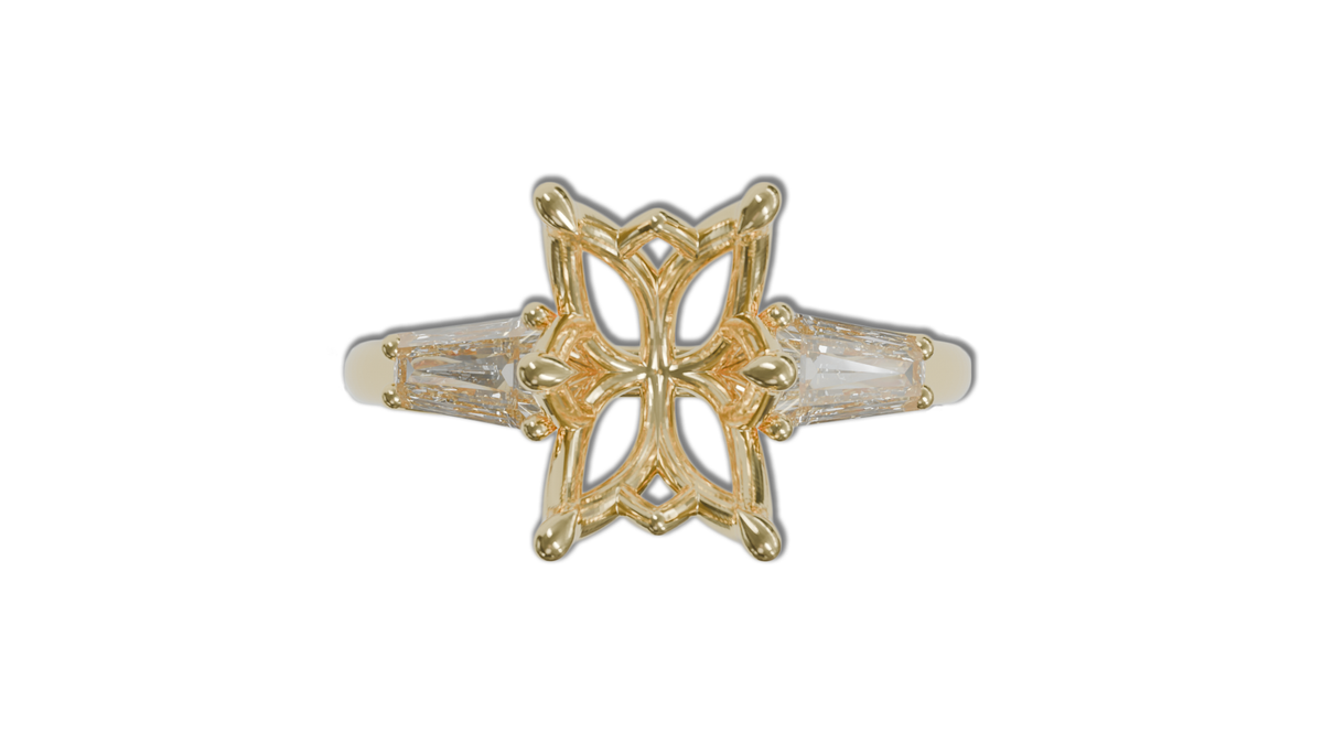 lotus setting trilogy sapphire engagement ring with tapered baguette diamonds in 18ct yellow gold