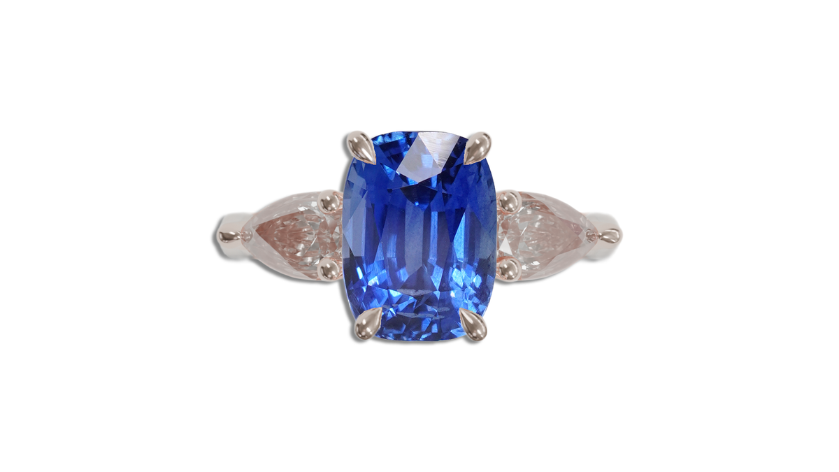 Ceylon Blue 2.47CT Nelum Trilogy 2.47Ct engagement ring detail view — Ruhuna Gemstones