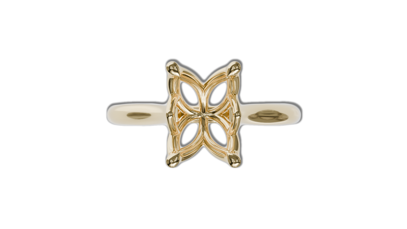 lotus setting engagement ring with pear in 18ct yellow gold.