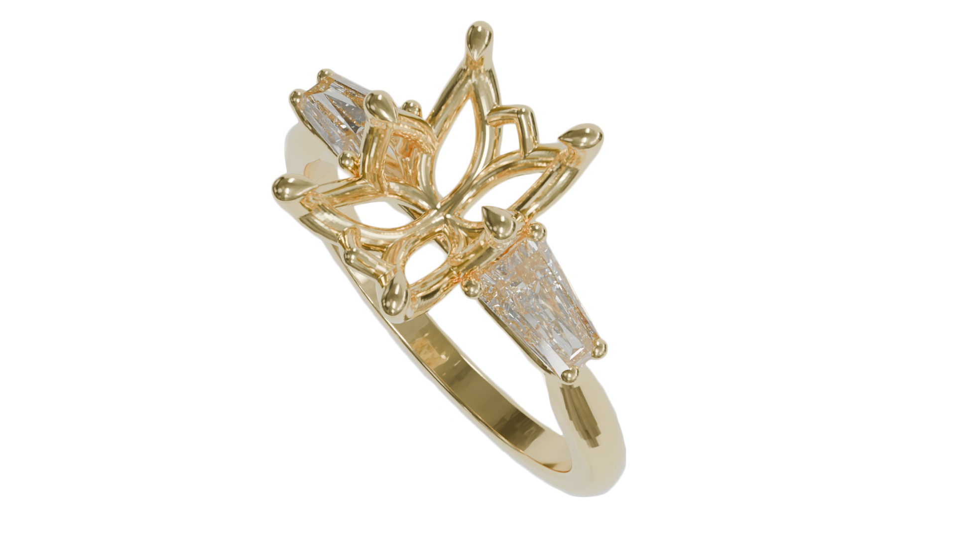 lotus setting trilogy sapphire engagement ring with tapered baguette diamonds in 18ct yellow gold
