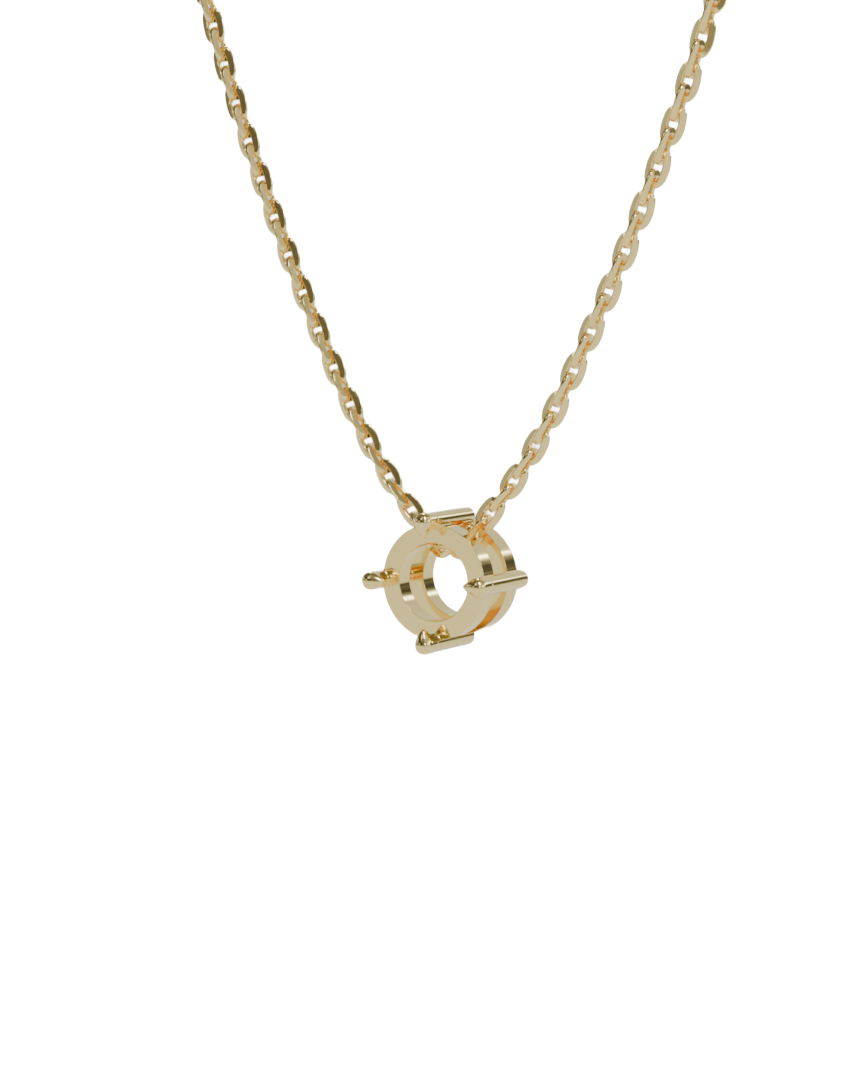18 CARAT YELLOW GOLD 
sapphire hidden bail necklace with double gallery basket in 18ct yellow gold
