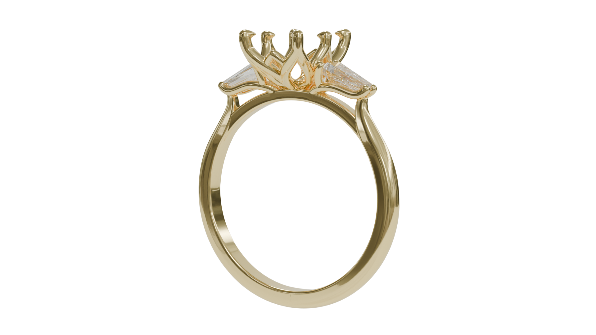 lotus setting trilogy sapphire engagement ring with tapered baguette diamonds in 18ct yellow gold