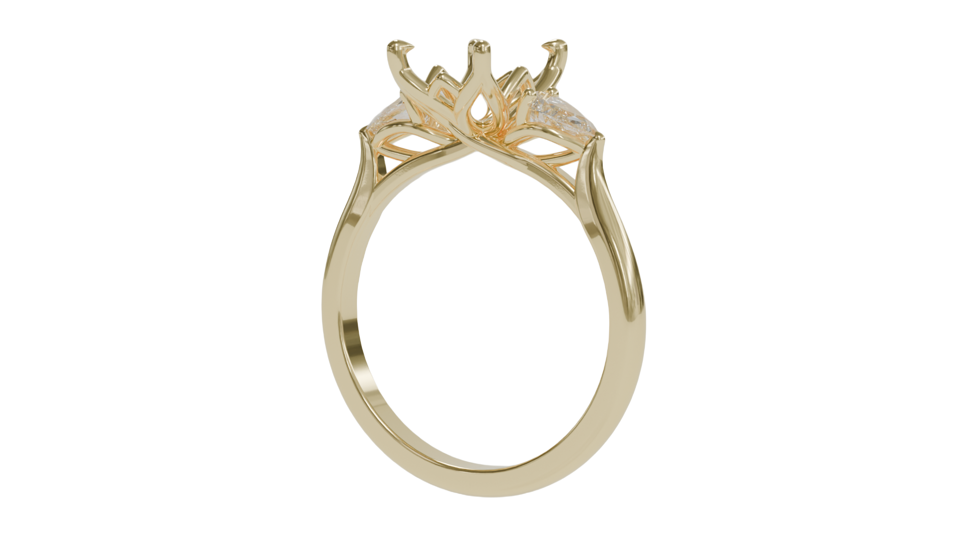 lotus setting trilogy sapphire engagement ring with pear cut diamonds in 18ct yellow gold