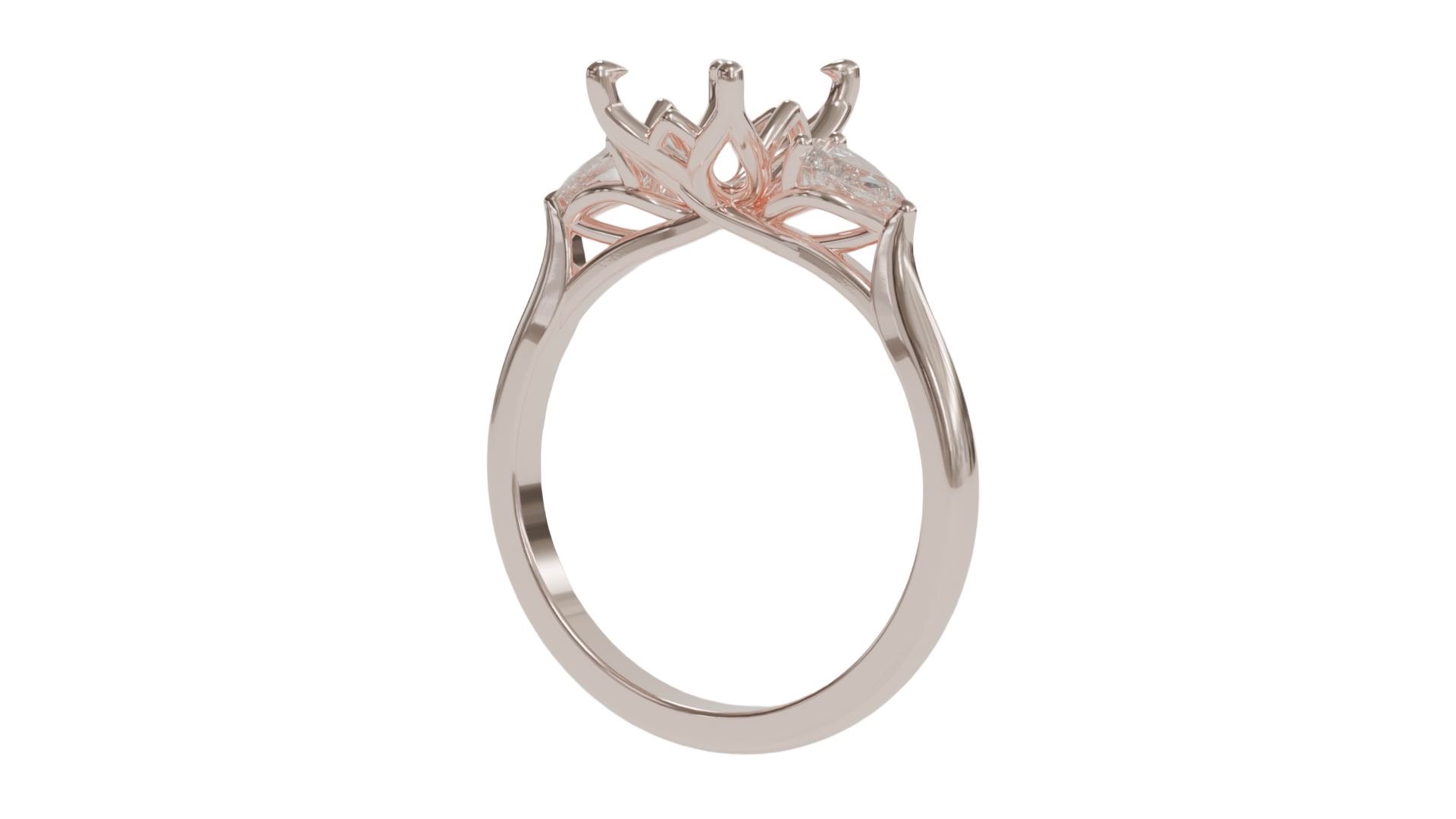 lotus setting trilogy sapphire engagement ring with pear cut diamonds in 18ct rose gold