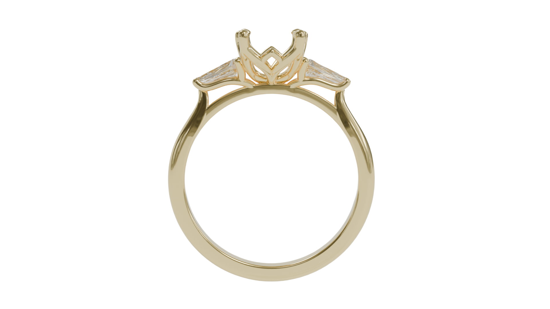 lotus setting trilogy sapphire engagement ring with tapered baguette diamonds in 18ct yellow gold