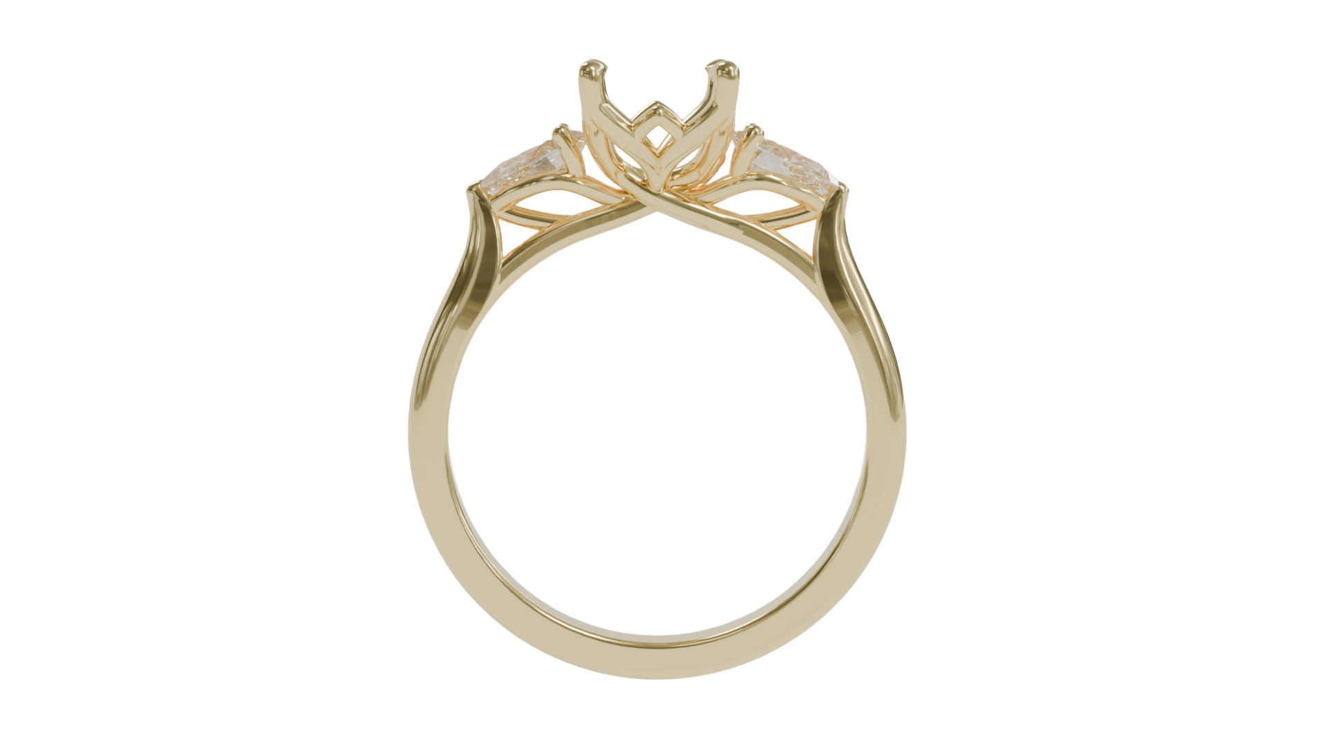 lotus setting trilogy sapphire engagement ring with pear cut diamonds in 18ct yellow gold