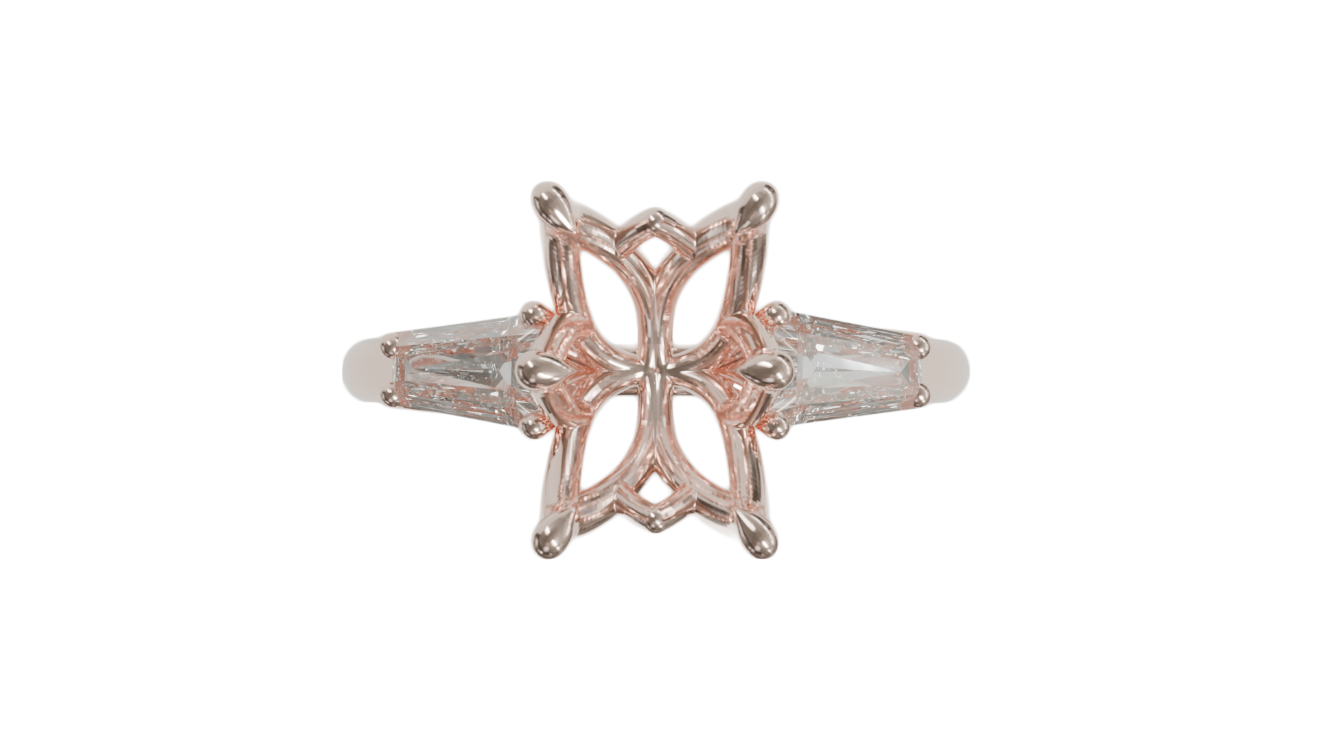 lotus setting trilogy sapphire engagement ring with tapered baguette diamonds in 18ct rose gold