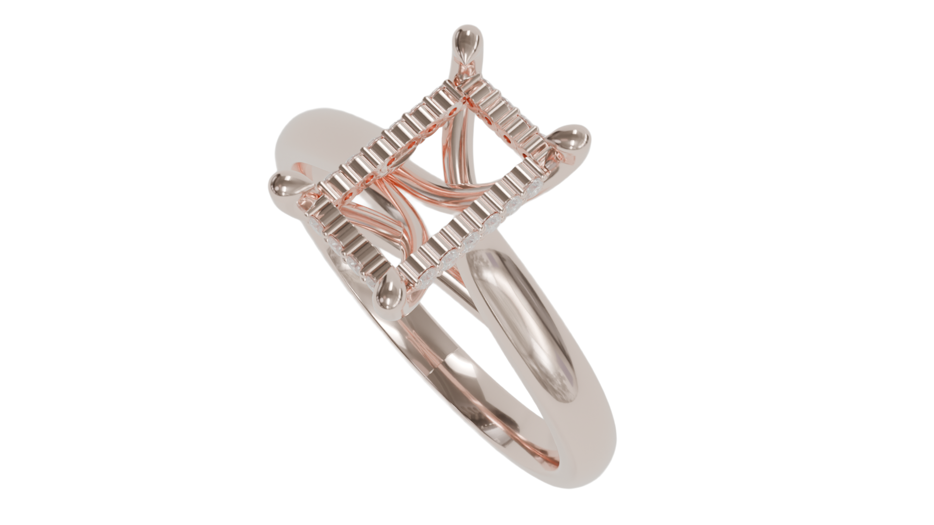 sapphire engagement ring with diamond pave hidden halo in 18ct rose gold. Cathedral setting. 